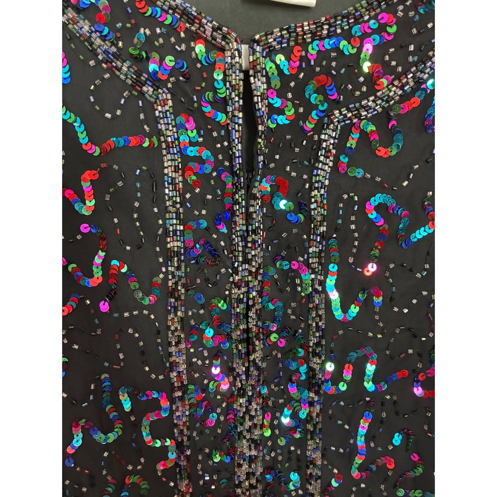 Vintage Silk Beaded Sequin Jacket Rainbow Multi Color Open Front Evening Top 1X - Picture 5 of 10